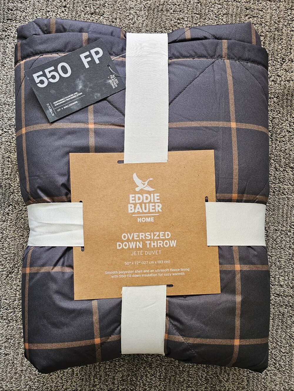Eddie Bauer Dark Gray Plaid Down Throw